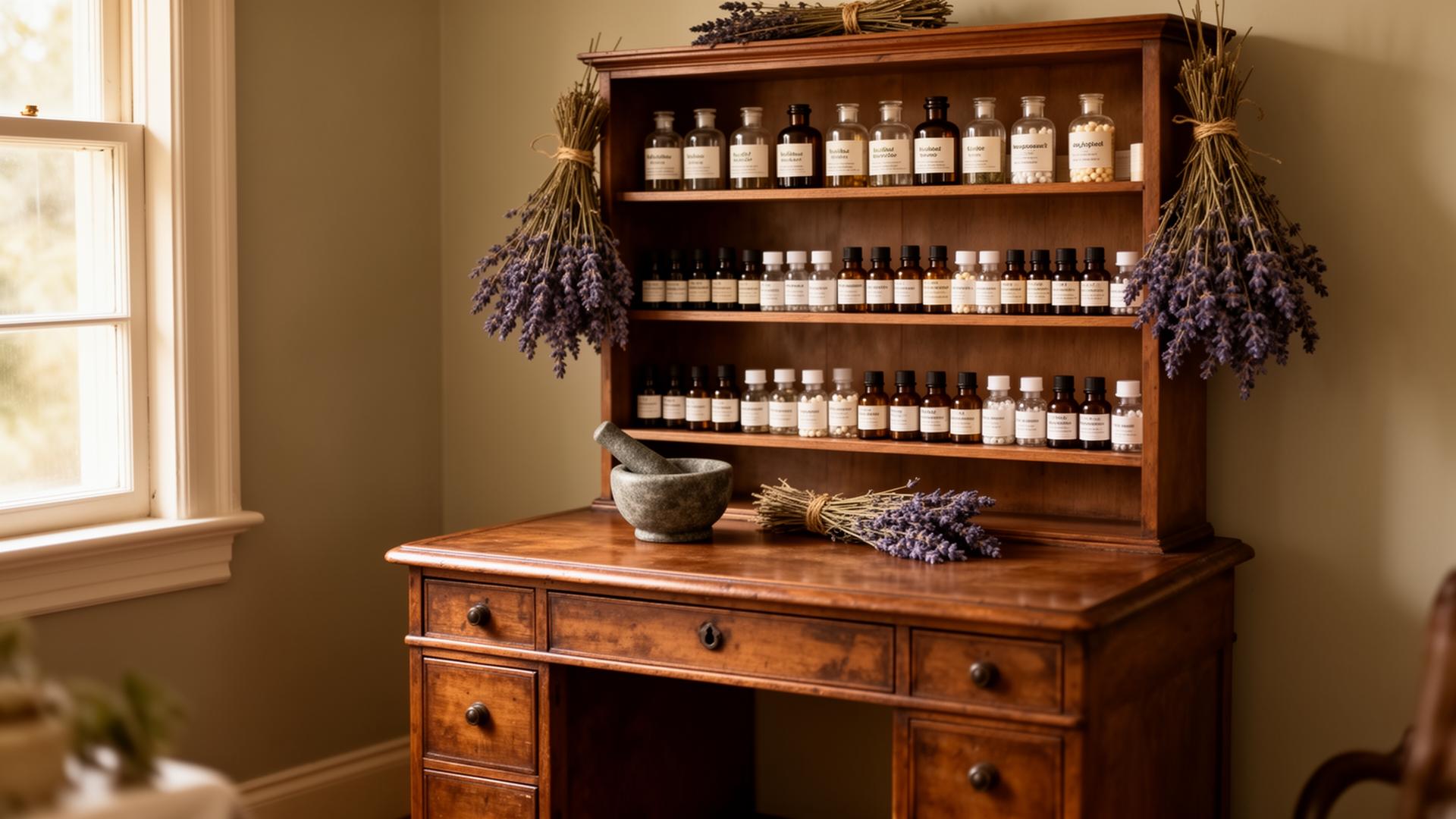 Blick in die Naturheilpraxis Lichtblick mit Apothekenschrank und Heilpflanzen